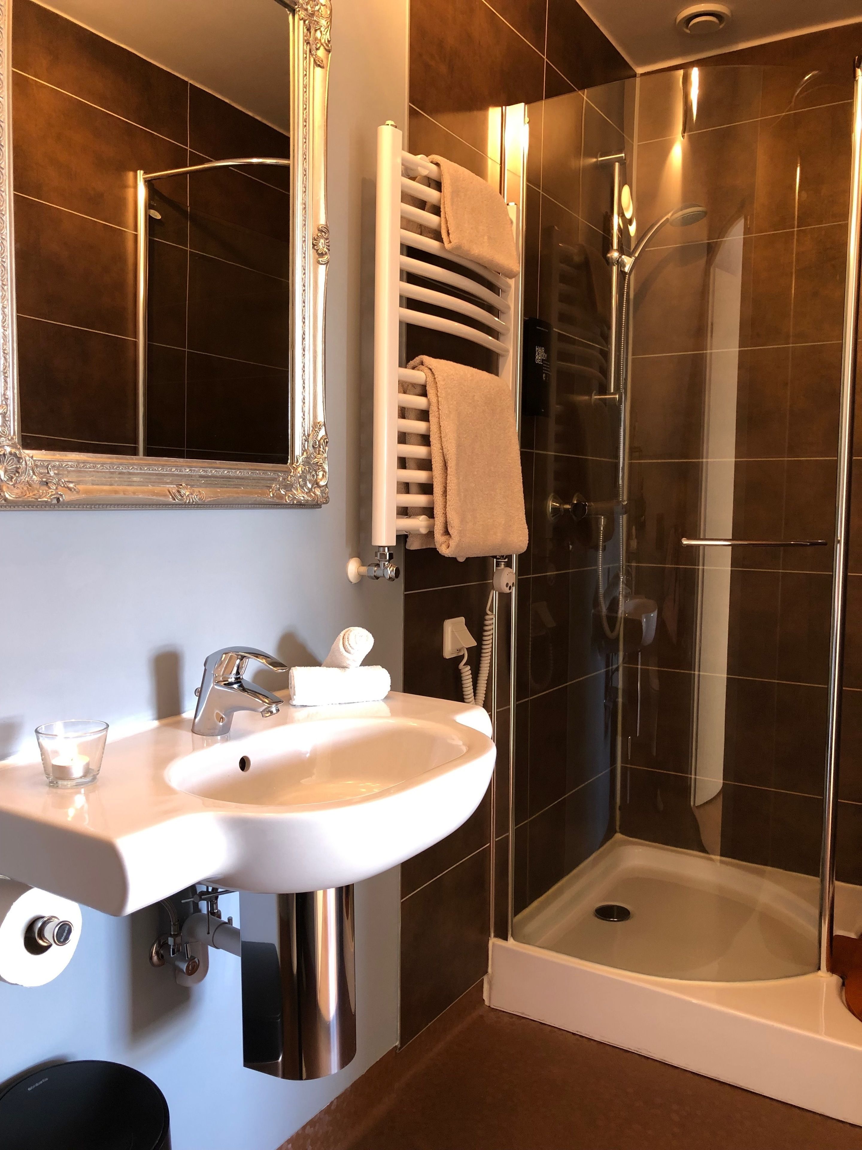 shower, free toiletries, hair dryer, towels