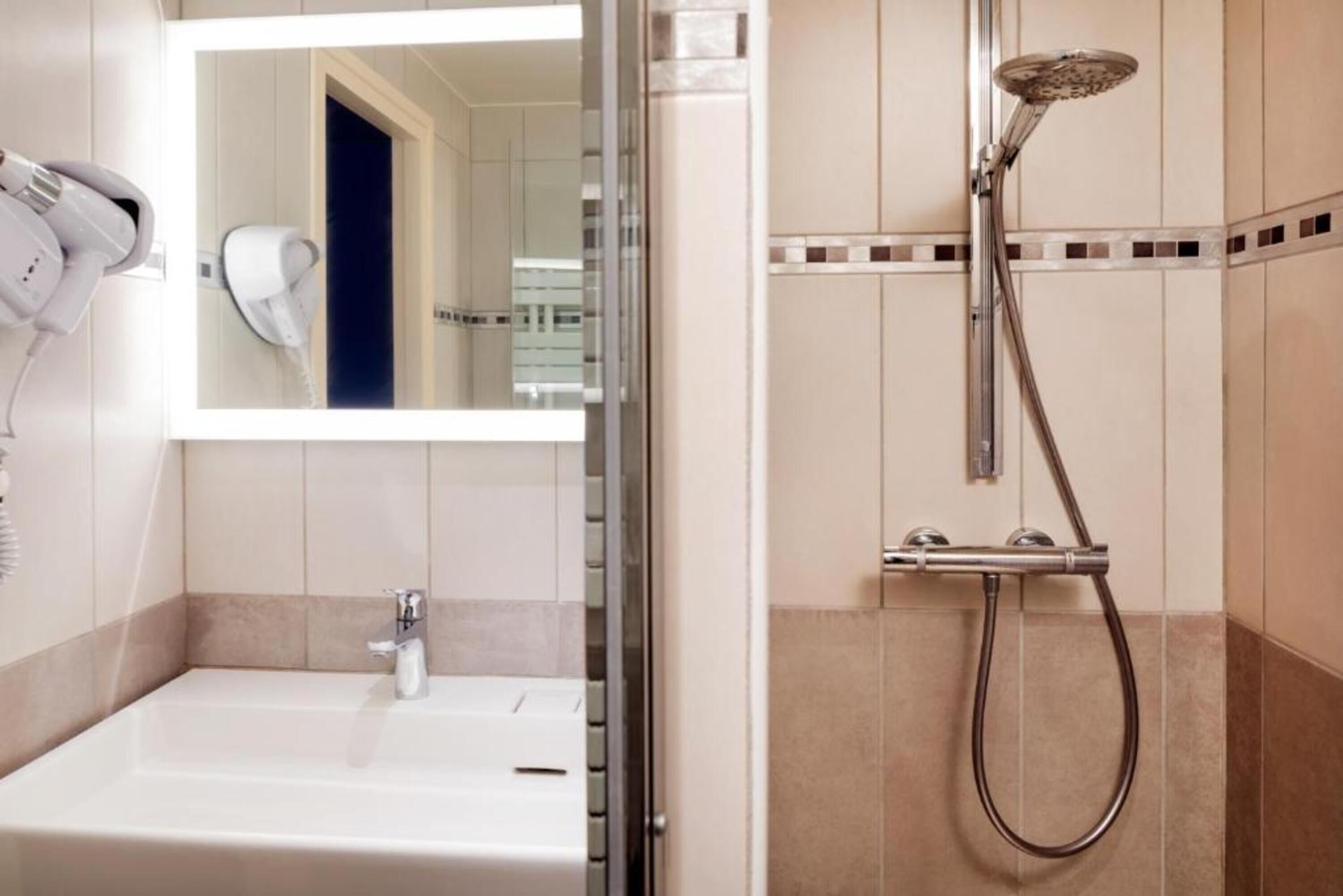 A bathroom with a sink, a mirror, a handheld showerhead, and a hairdryer.