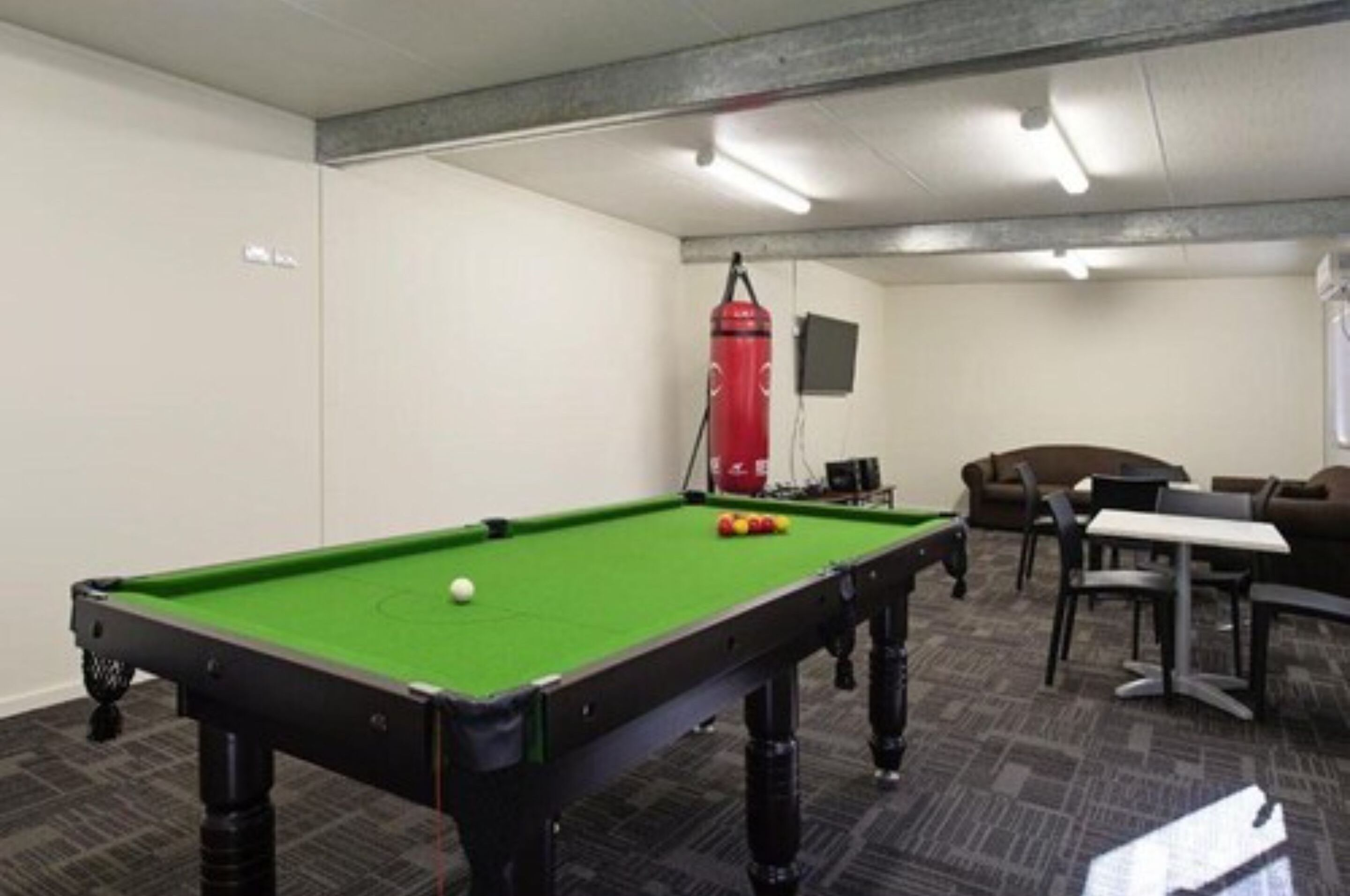 A pool table with balls, a red punching bag, a TV, and a sofa in a room with carpeted flooring and white walls.