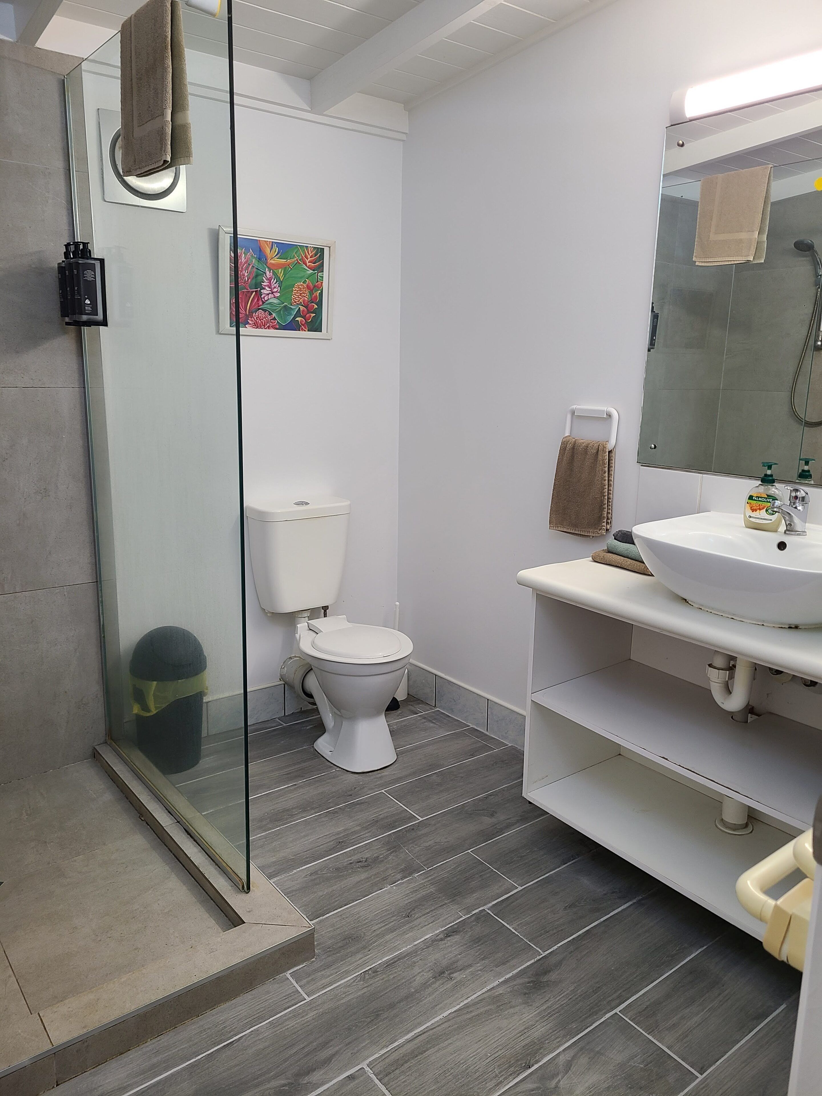 A modern bathroom with a glass shower enclosure, a toilet, a sink with a mirror, and a colorful artwork on the wall.