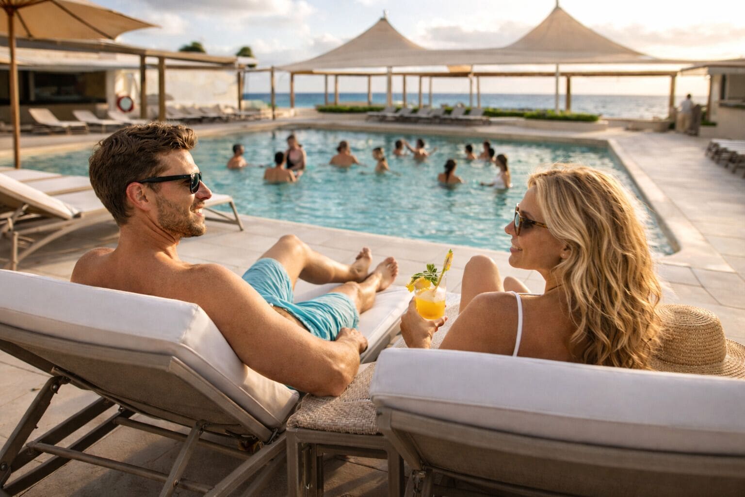 Outdoor pool, open 8:00 AM to 7:00 PM, pool umbrellas
