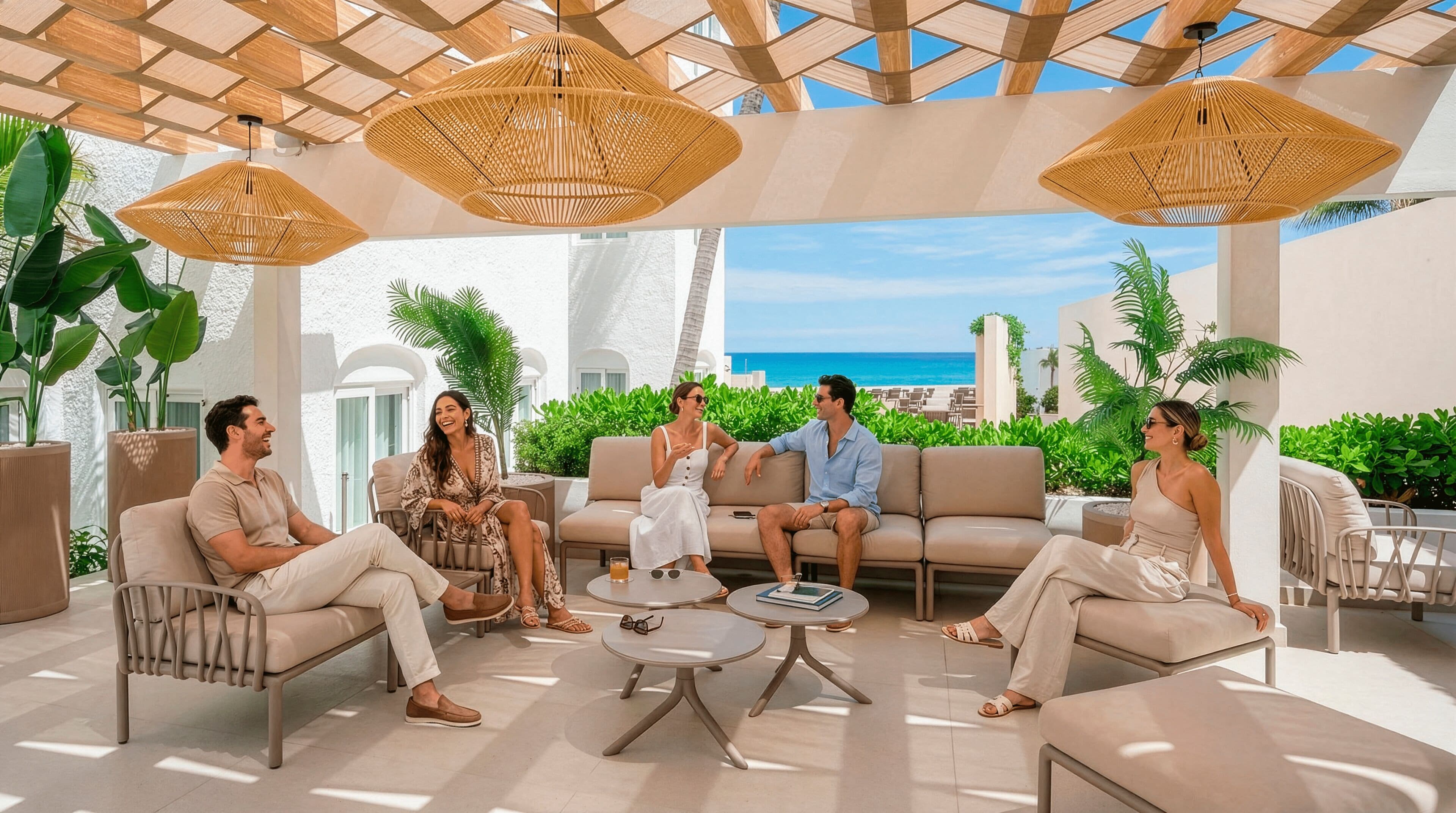 A group of people seated on a beige sofa and chairs in a sunlit outdoor area with a view of the ocean.