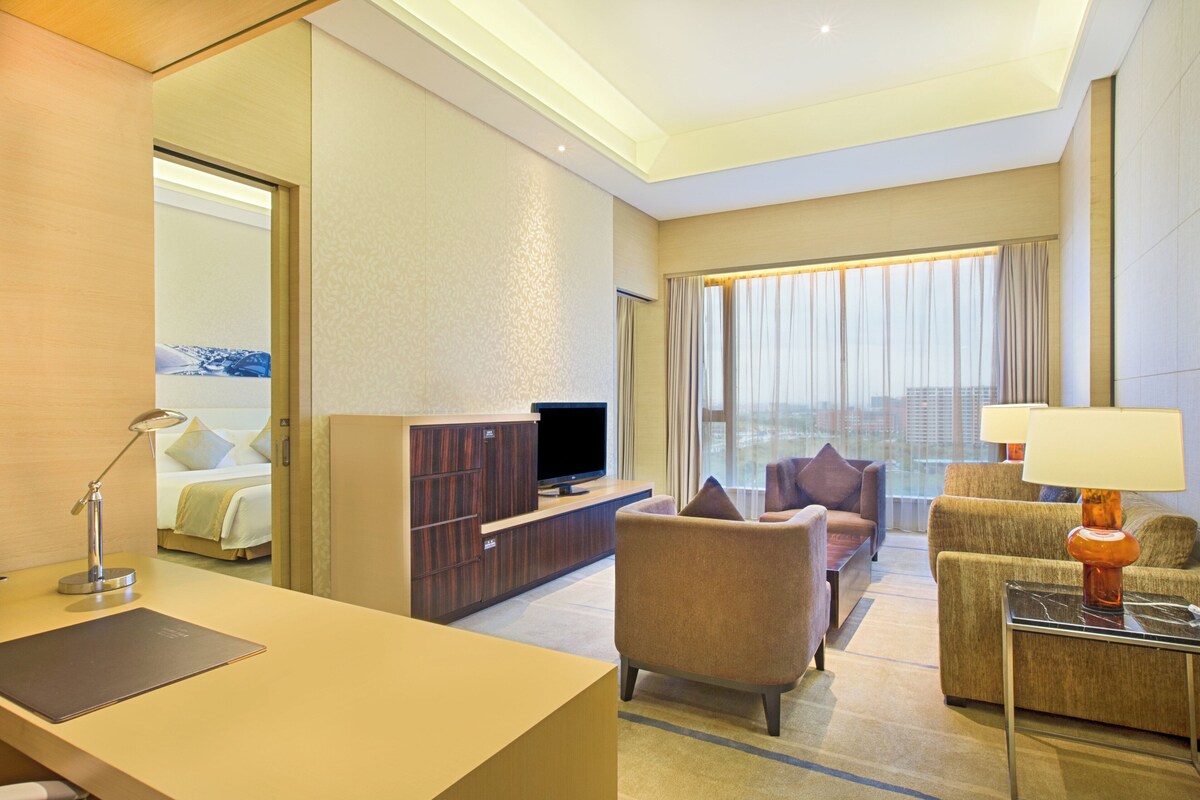 Ein Hotelzimmer mit Bett, Schreibtisch, Fernseher, Sofa und Blick auf die Stadt.