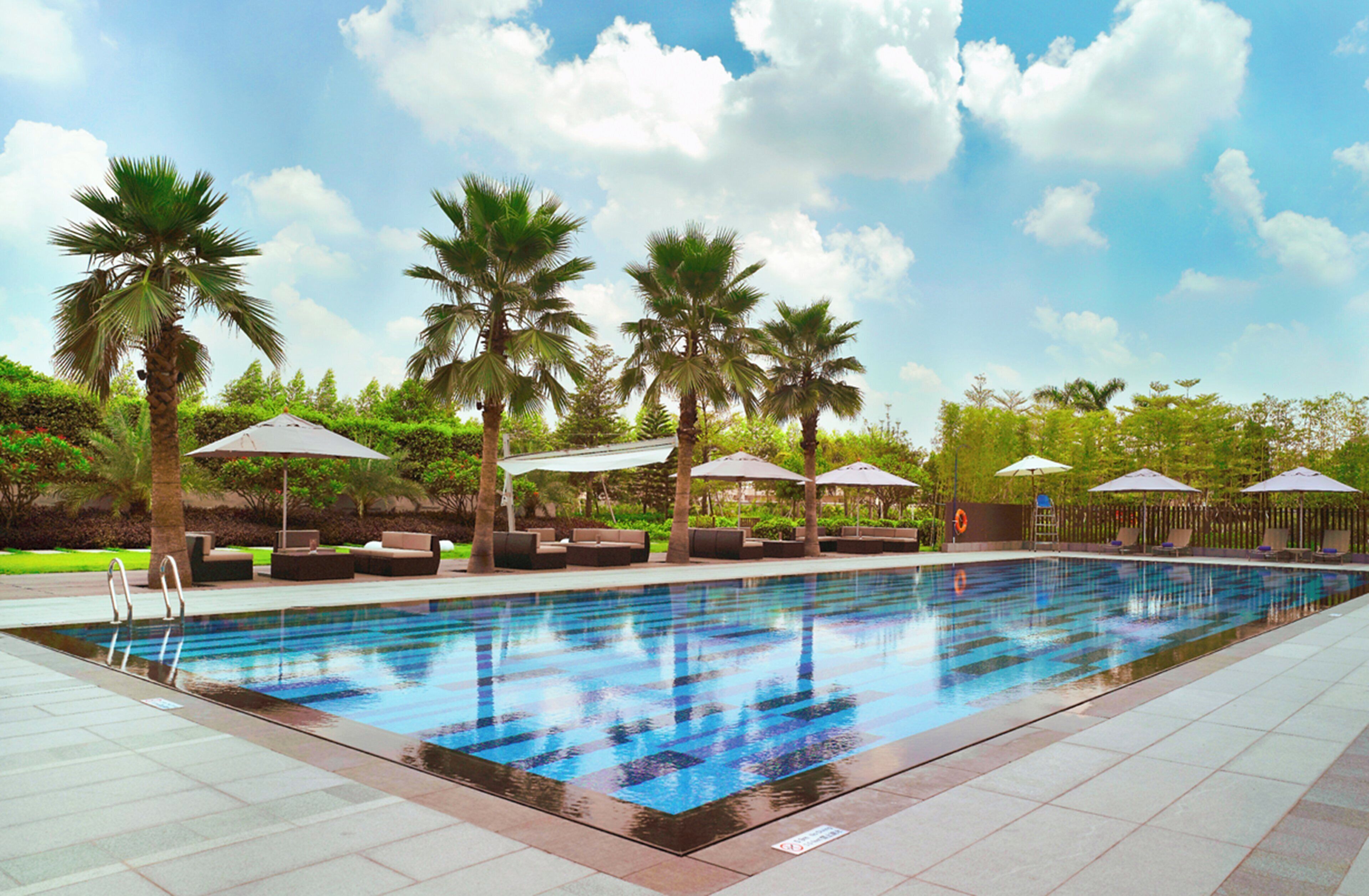 A swimming pool with lounge chairs and umbrellas, surrounded by palm trees and a clear sky.