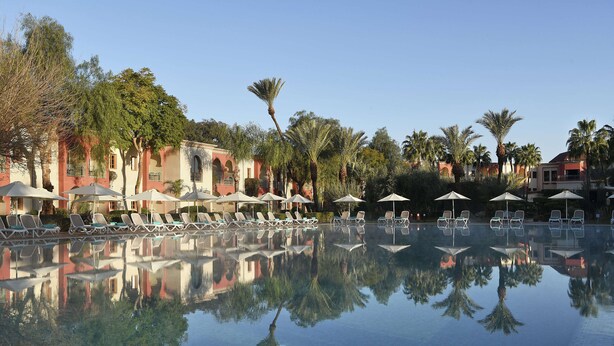 Una piscina con reflejos nítidos de palmeras y un edificio.