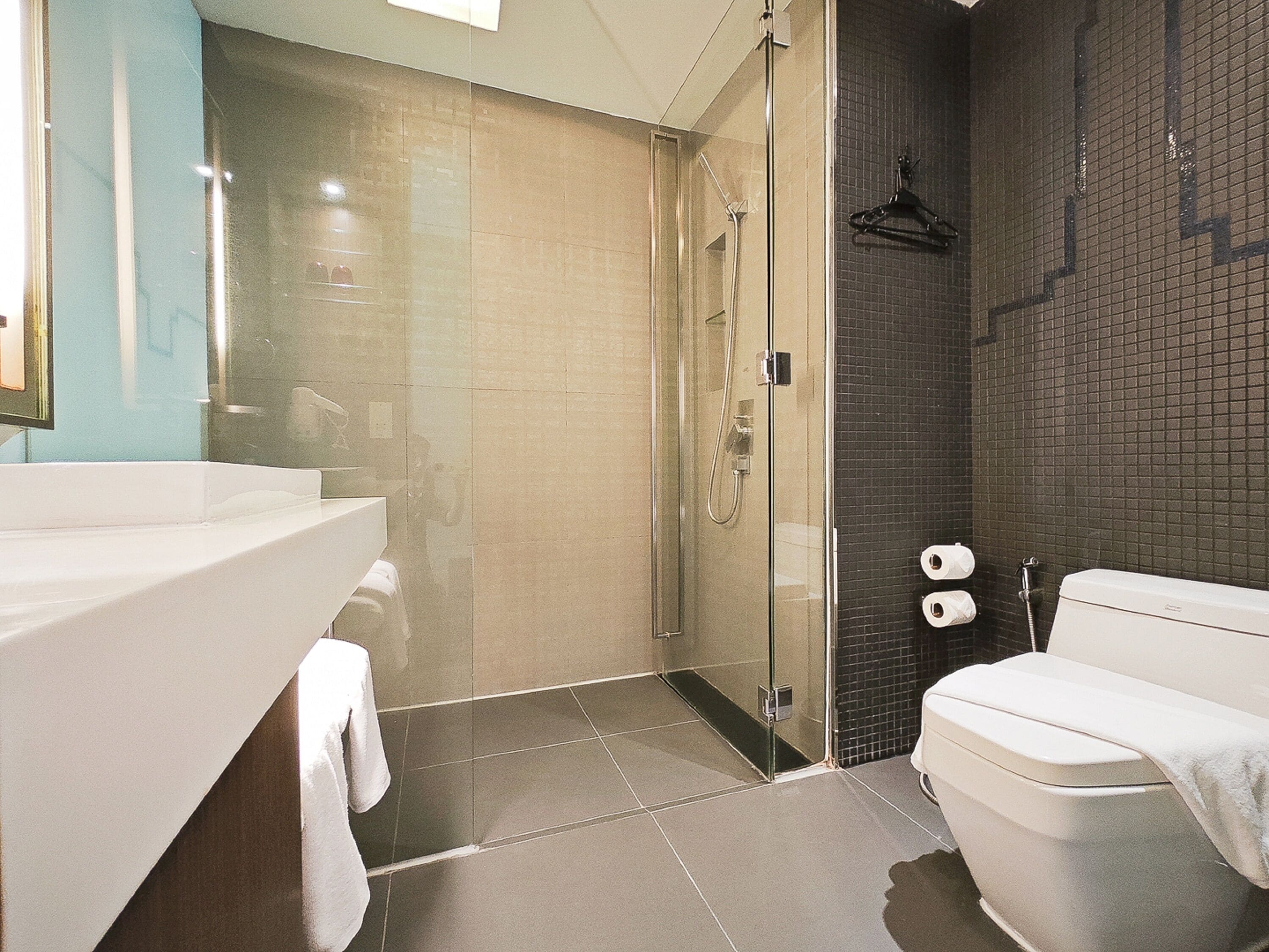 shower, rainfall showerhead, free toiletries, hair dryer