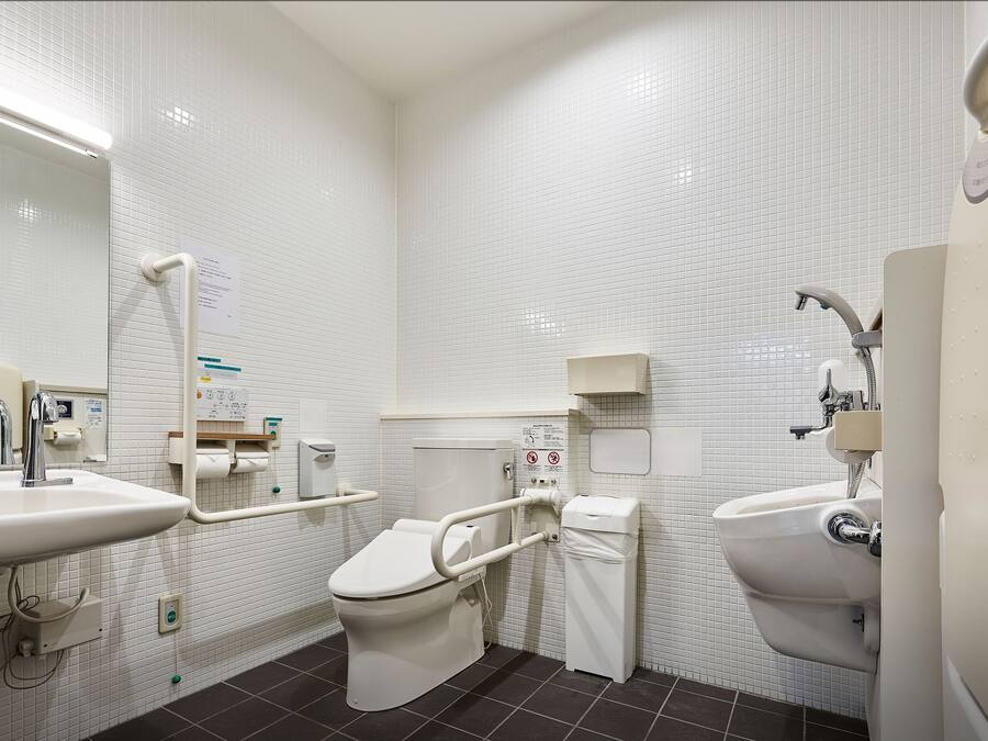 A modern bathroom with white fixtures, a toilet with a grab bar, a sink, and a bidet.