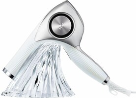 A hair dryer with a metallic finish and a clear, ribbed handle.