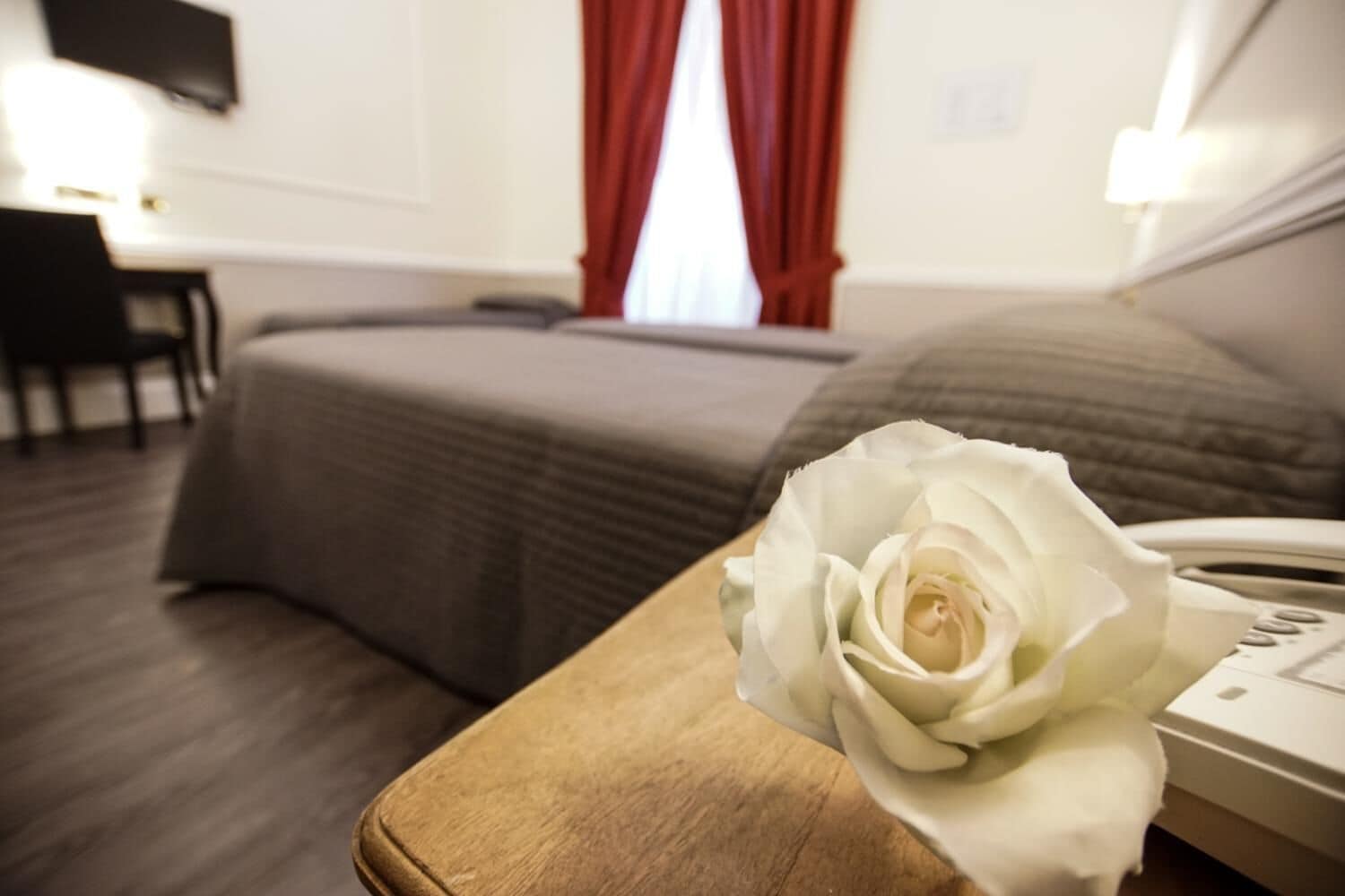 Une chambre d’hôtel avec un lit, une table de chevet ornée d’une rose blanche, un bureau avec une chaise et un téléviseur fixé au mur.