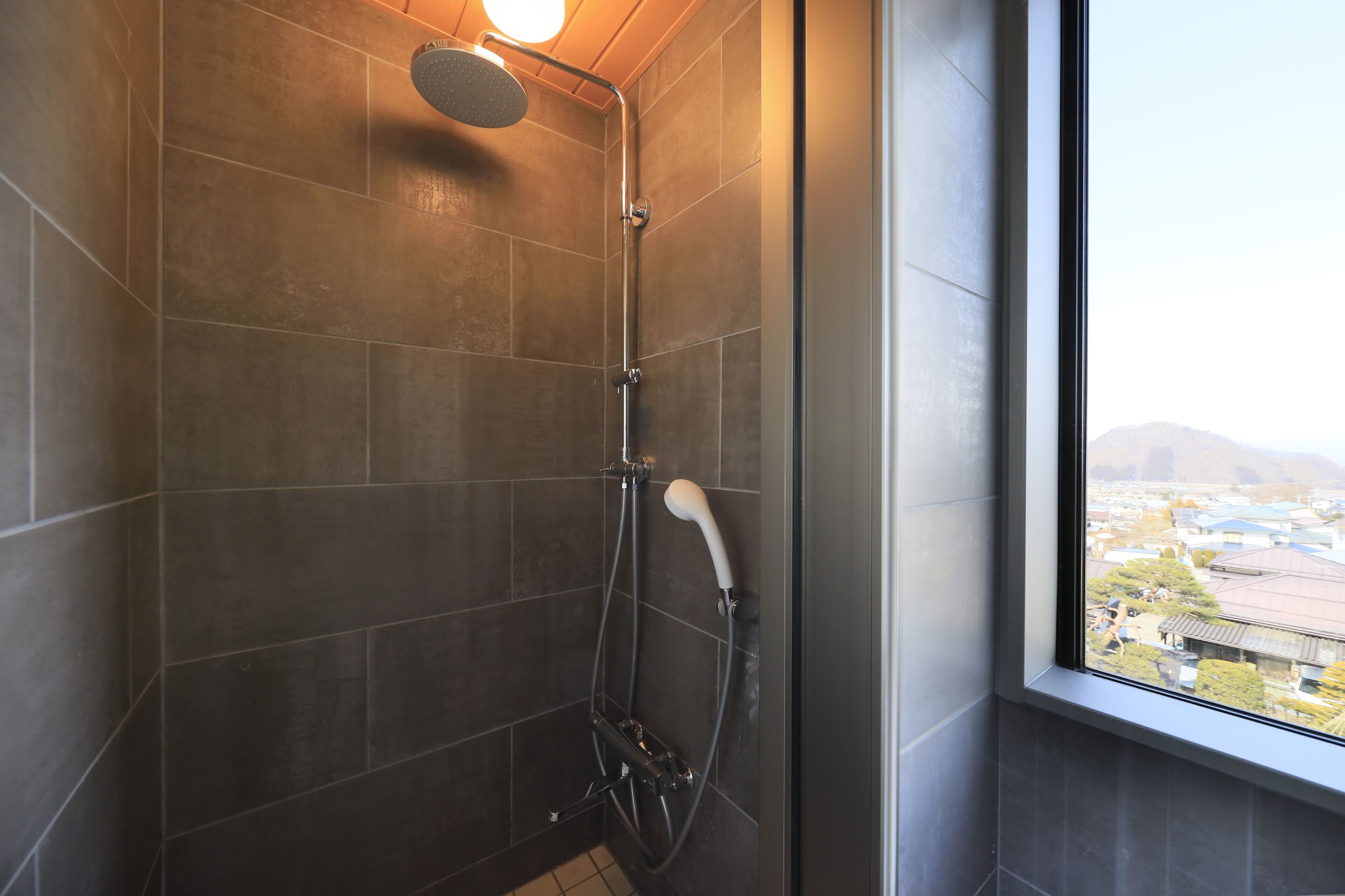 A modern shower with a glass door, a handheld showerhead, and a view of a cityscape through a window.