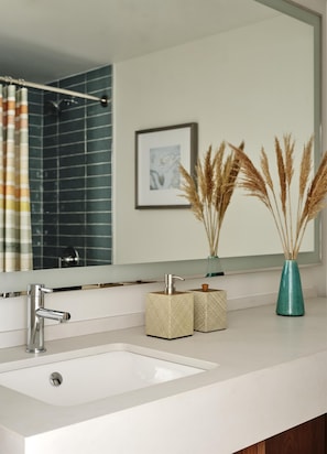 Combined shower/tub, free toiletries, hair dryer, towels
