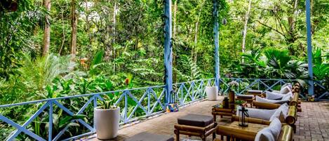 An outdoor seating area with bamboo furniture and potted plants, surrounded by lush greenery.