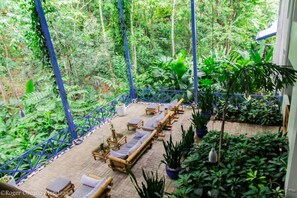 A covered outdoor lounge area with wooden lounge chairs and potted plants.