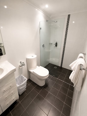 Standaard kamer, 1 queensize bed | Badkamer | Een douche, milieuvriendelijke toiletartikelen, een haardroger