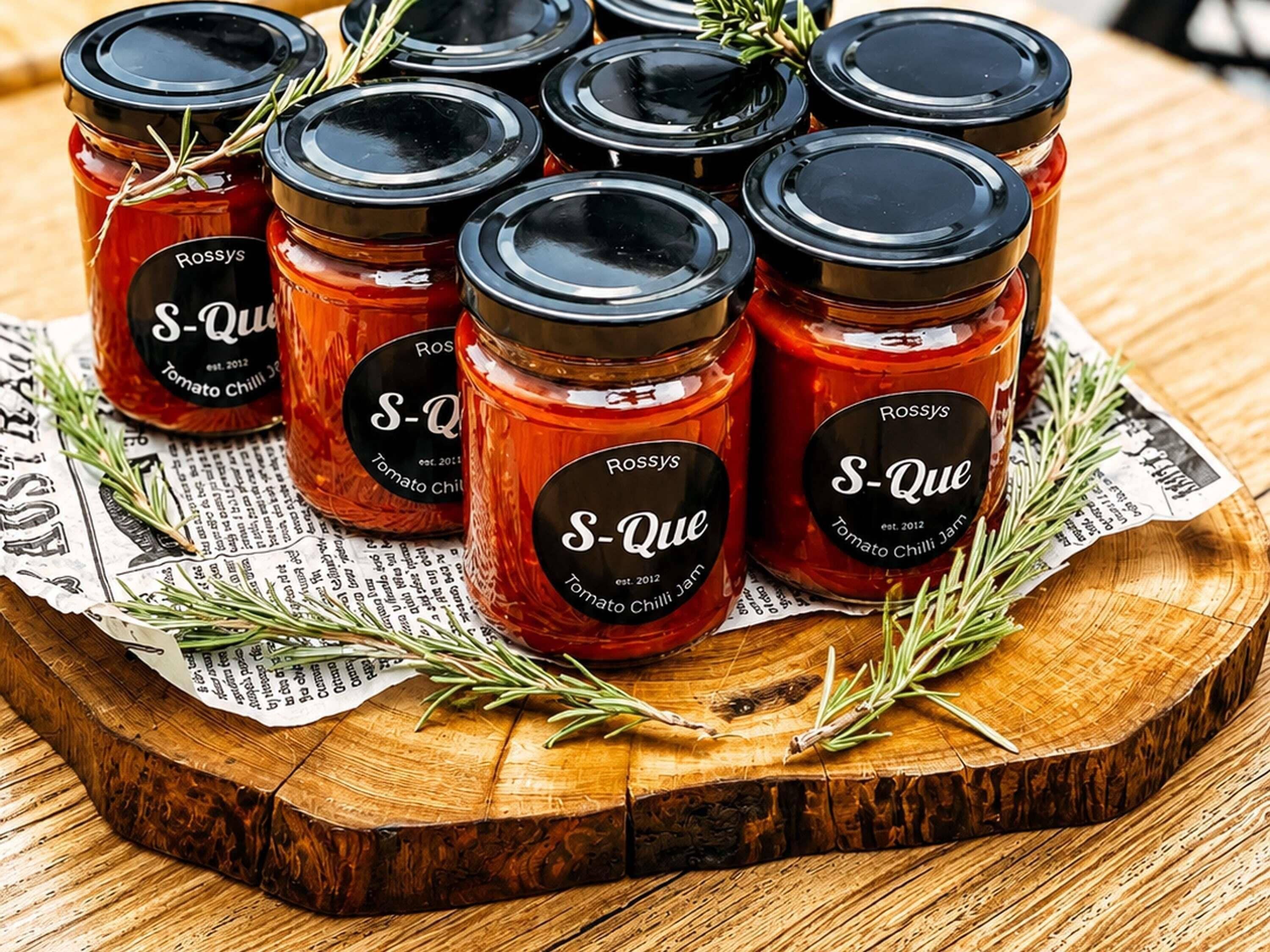 Six jars of S-Que Tomato Chilli Jam on a wooden surface with newspaper and rosemary sprigs.