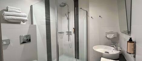 A modern bathroom with a glass-enclosed shower, a white toilet, and a sink with a mirror.