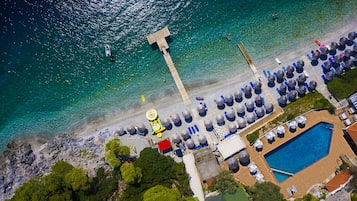 Outdoor pool, pool umbrellas, pool loungers