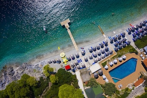 Outdoor pool, pool umbrellas, pool loungers