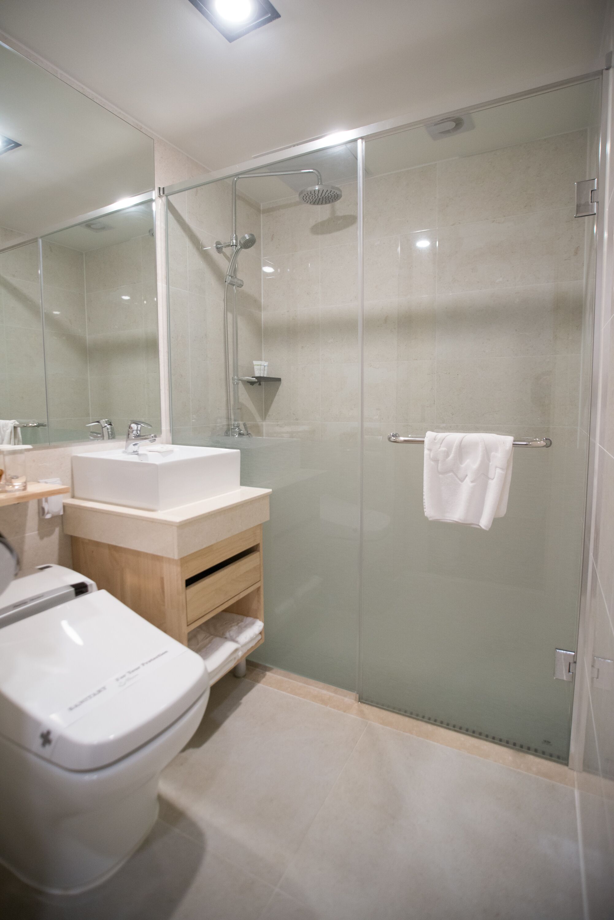 A modern bathroom with a glass-enclosed shower, a white sink, and a toilet.