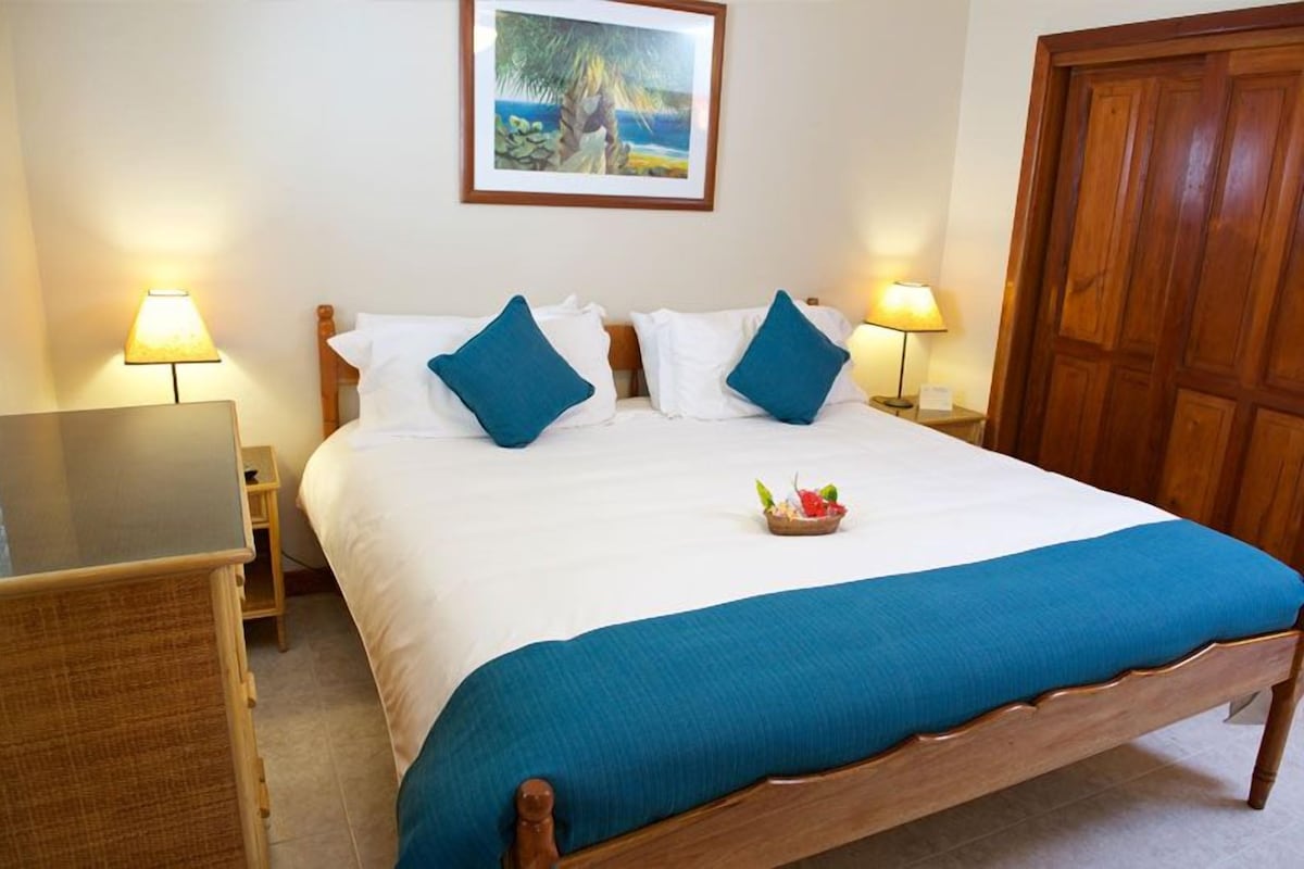 A neatly made bed with blue pillows, a bedside table with a lamp, and a framed picture on the wall.