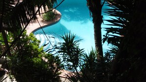 A pool surrounded by tropical plants and a curved pathway. - The Palms Oceanfront Suites (San Pedro)