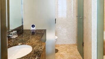 Un baño con lavamanos de mármol, cabina de ducha de vidrio y retrete.