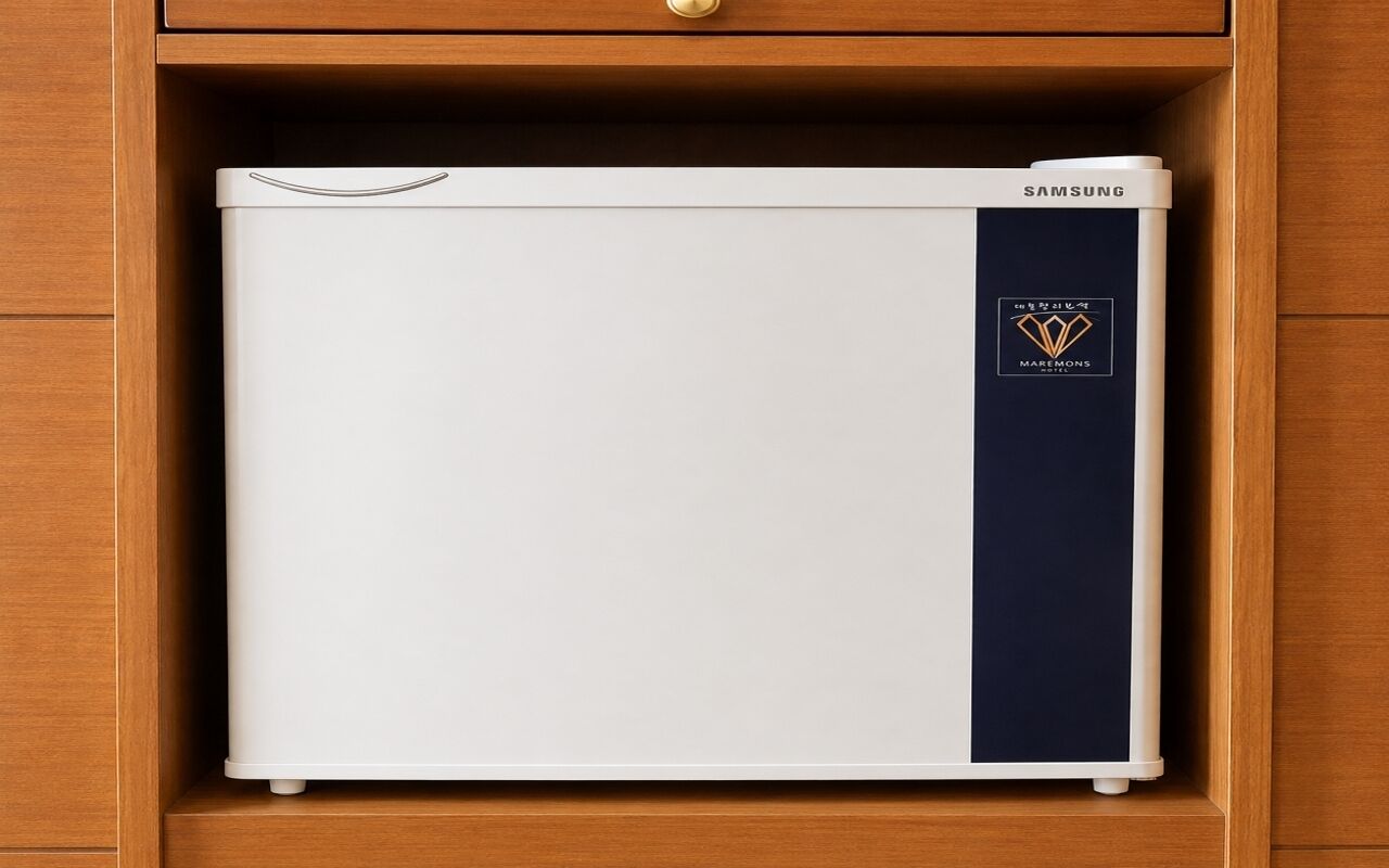 Un refrigerador Samsung en un gabinete de madera.