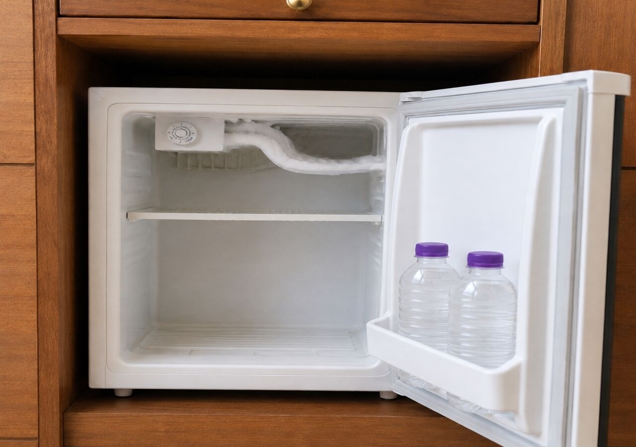 Un refrigerador pequeño y blanco con dos botellas de agua, ubicado en un mueble de madera.