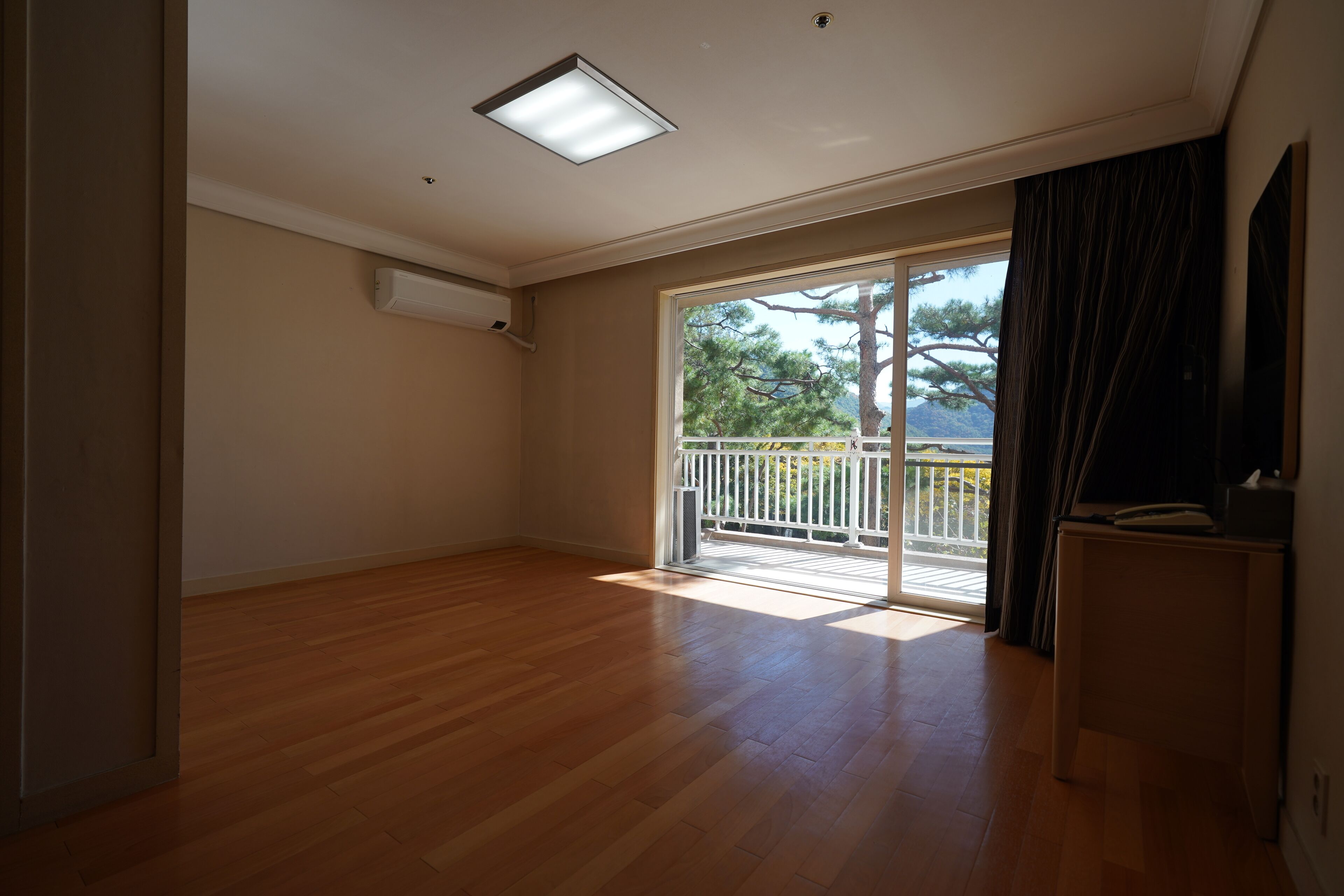 A spacious room with wooden flooring, a ceiling light, a sliding glass door leading to a balcony, and a small desk.