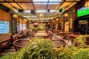 Un restaurante interior con mesas y sillas de madera, plantas colgantes y una pantalla de televisión.