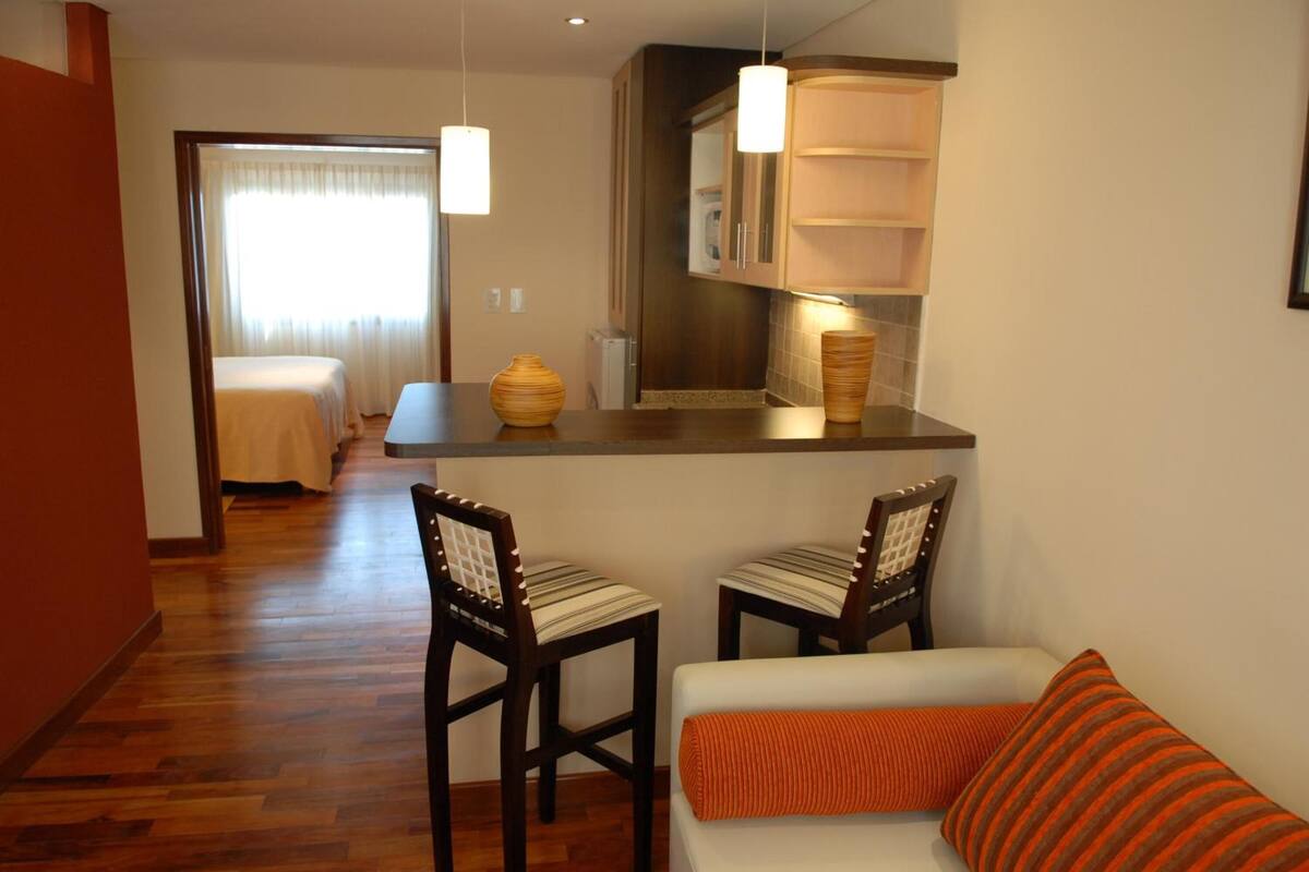 A compact living space with a kitchenette, two wooden chairs, a sofa, and a dining area.