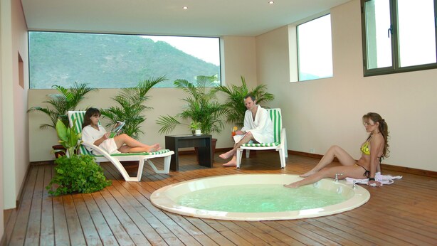 Un área de piscina interior moderna con tres sillones, una mesita y plantas en macetas.