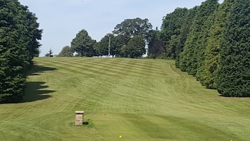 A golf course with a well-maintained lawn, a stone structure, and trees in the background.