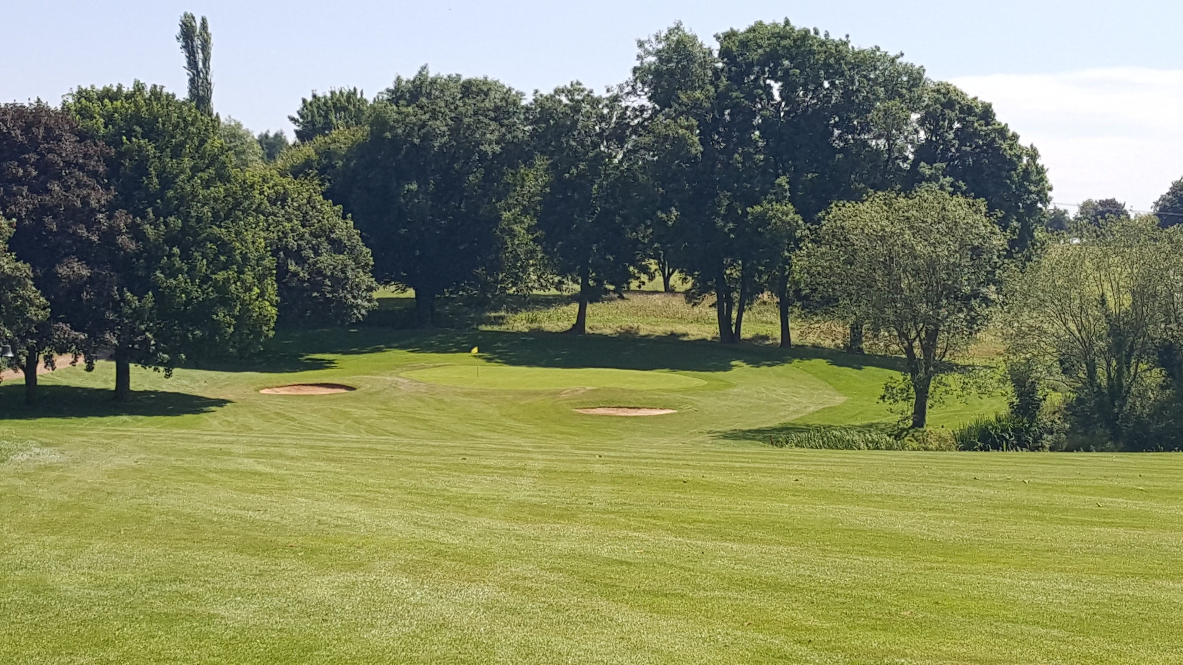 Un campo de golf con césped cuidado, bunkers de arena y árboles.