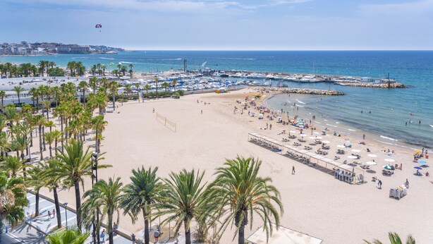 Ein Strand mit Palmen, einem sandigen Ufer und Booten im Wasser.