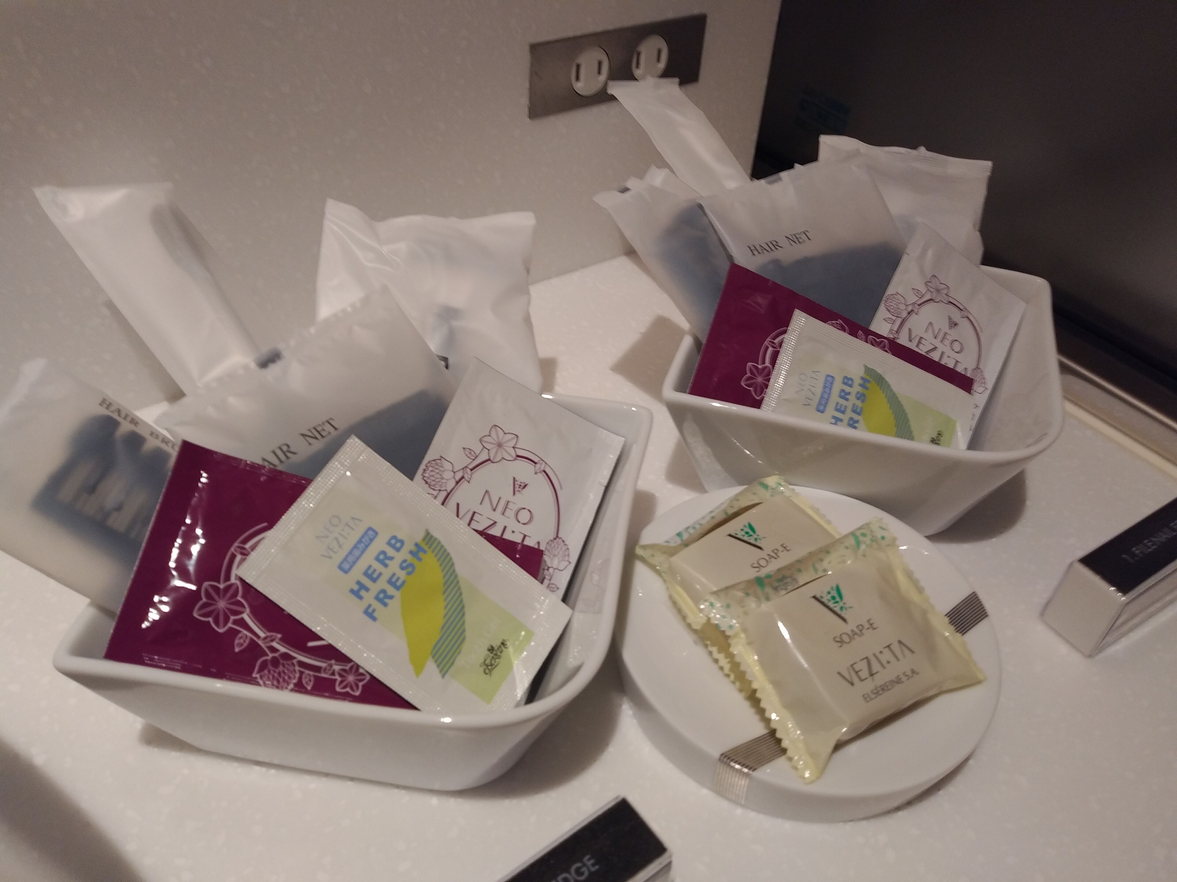 free toiletries, hair dryer, slippers, bidet