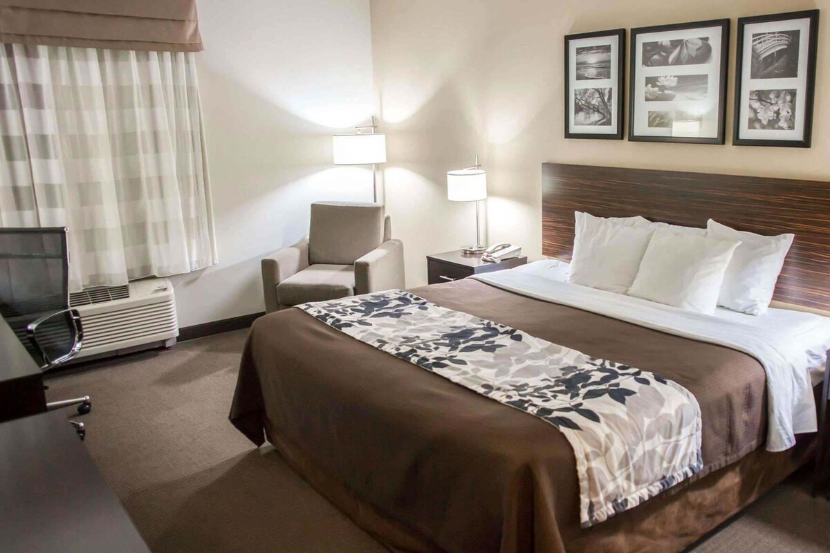 Una habitación de hotel con una cama, una silla, un escritorio con una computadora, una lámpara y cuadros en la pared.