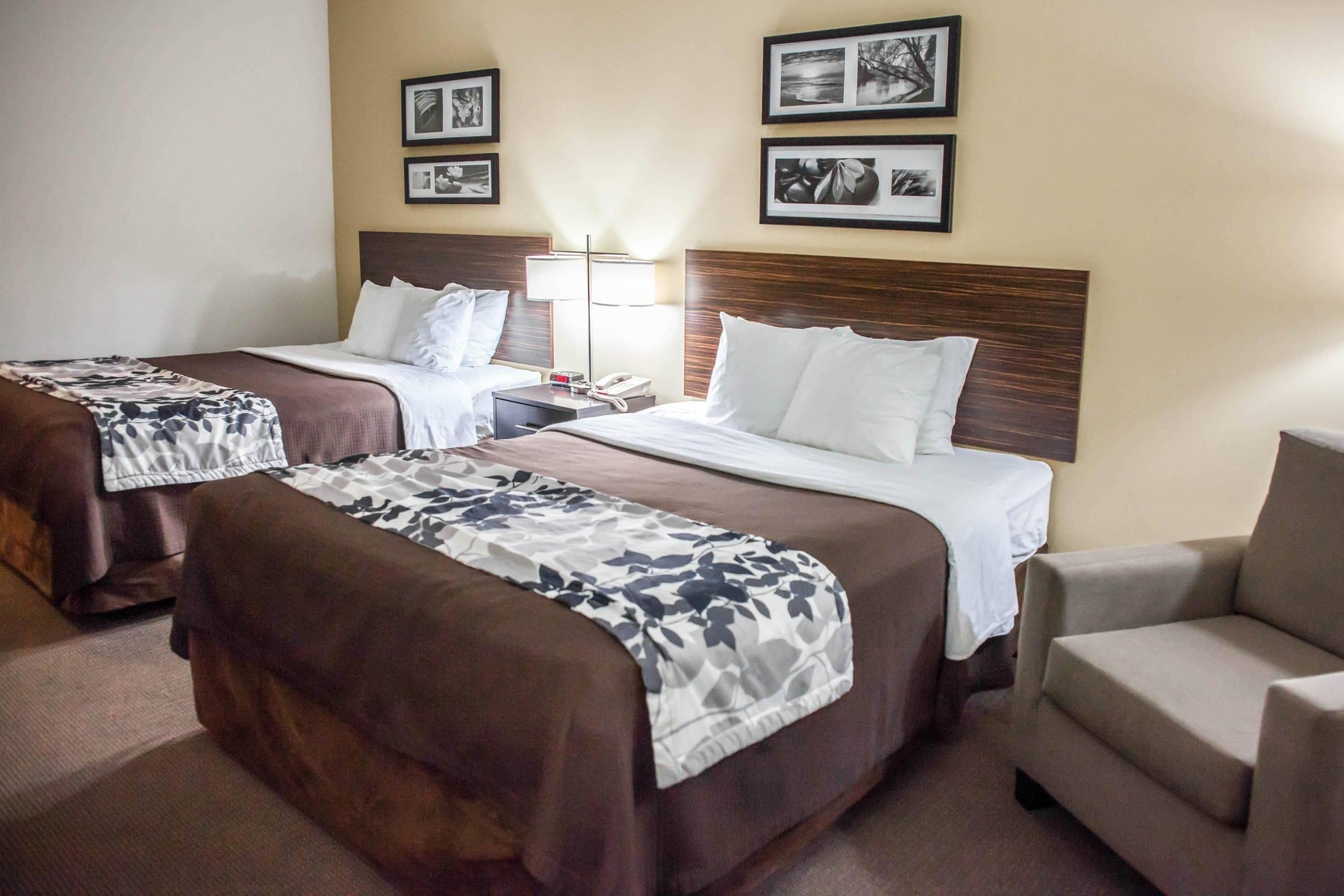 A hotel room with two beds, a nightstand, a lamp, and a chair.
