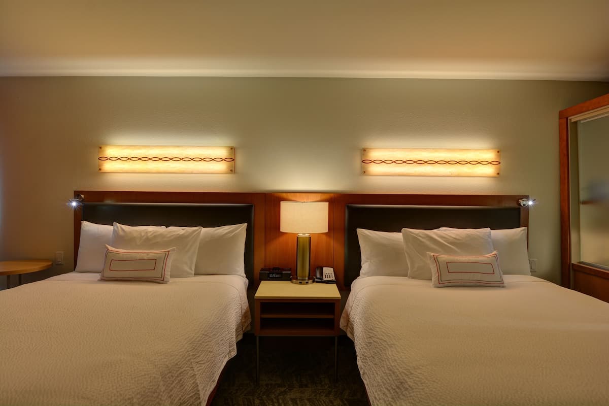 premium bedding, desk, blackout curtains, iron/ironing board