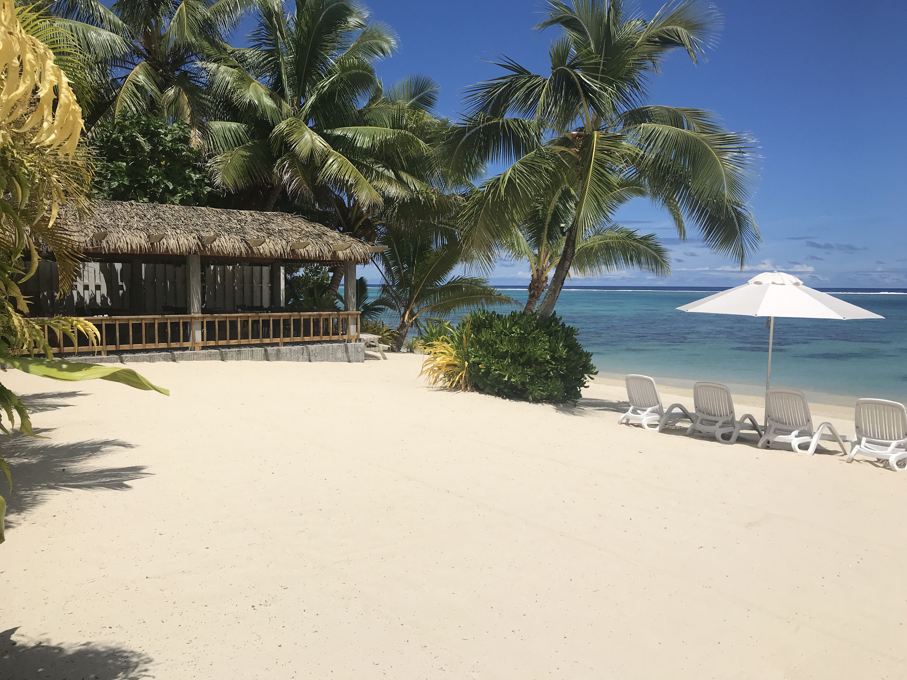 Una playa con una cabaña de techo de paja, sillas de lounge blancas y una sombrilla blanca.