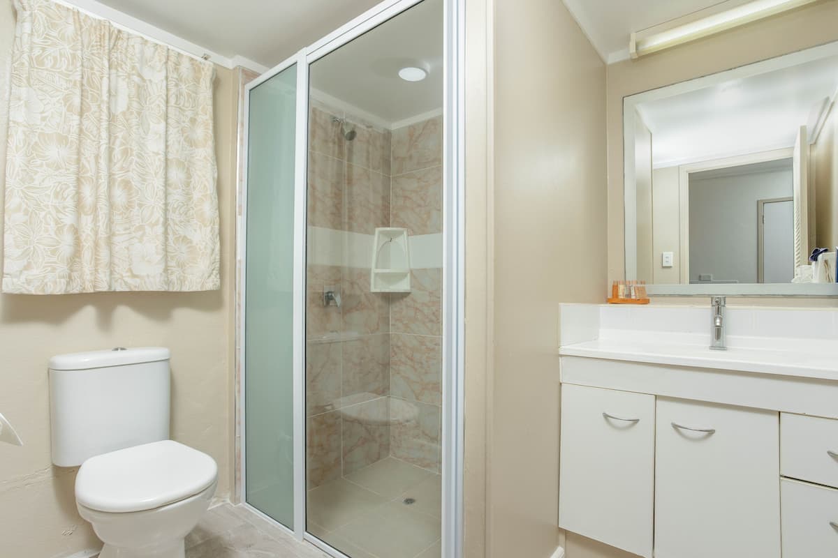 studio, beachfront | bathroom | shower, free toiletries, hair dryer, towels
