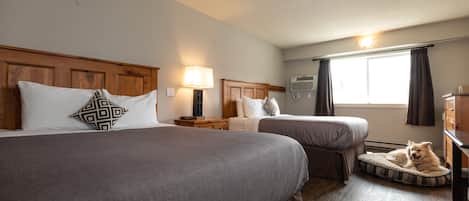 A hotel room with two beds, a pet bed, a lamp, a nightstand, and a window with curtains.