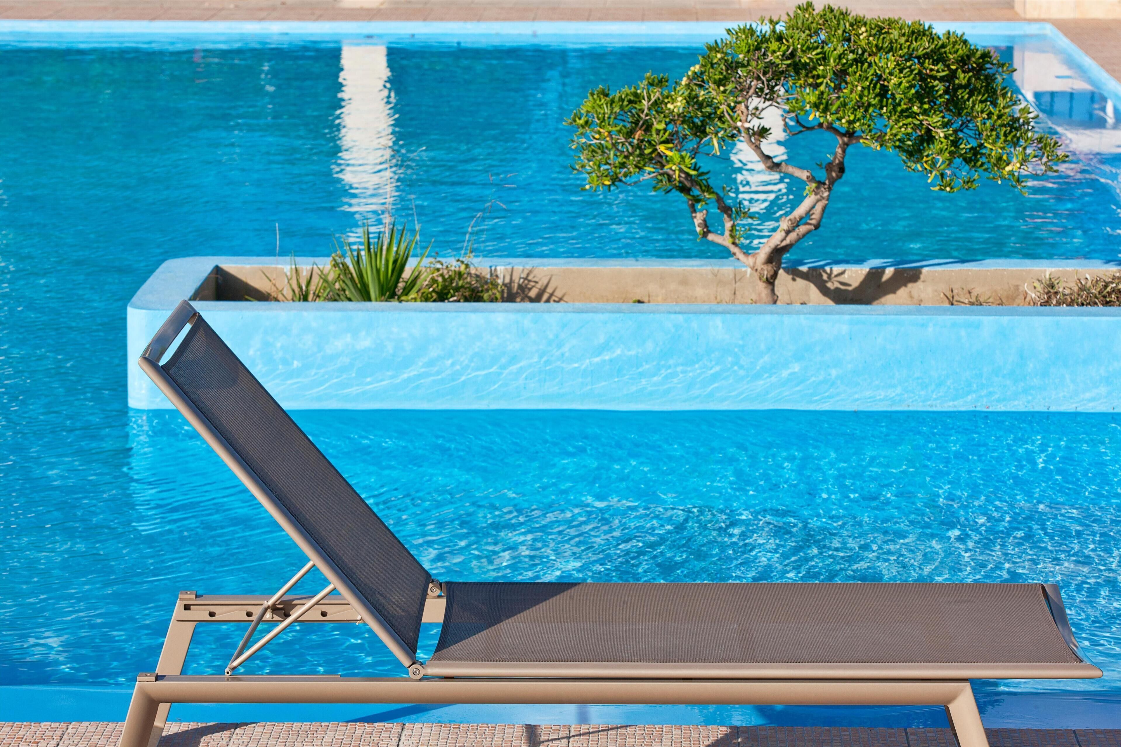 A pool with a lounge chair and a small tree.