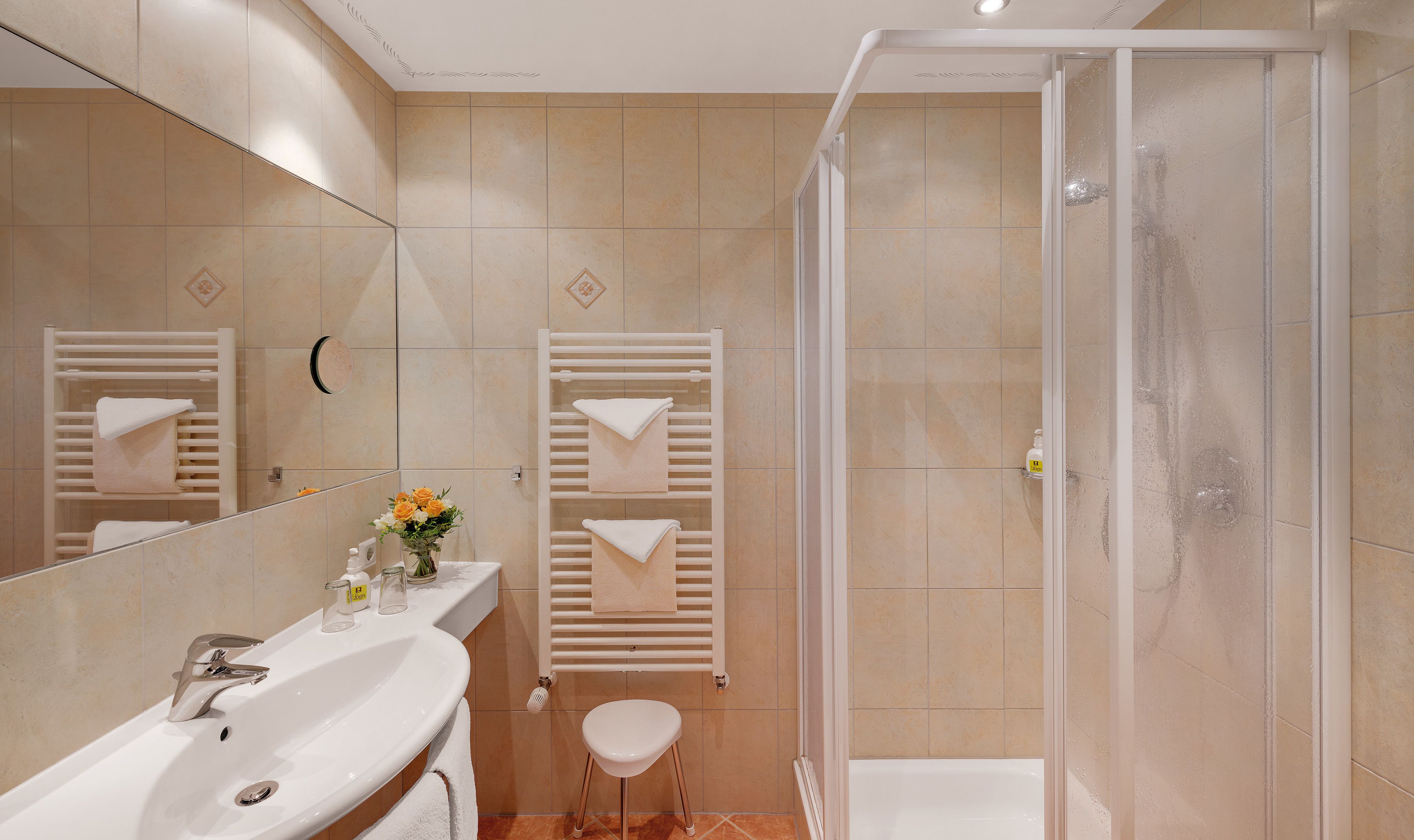 shower, hair dryer, bathrobes, towels