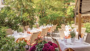 An outdoor dining area with wicker chairs and white tablecloths, surrounded by lush greenery and trees.