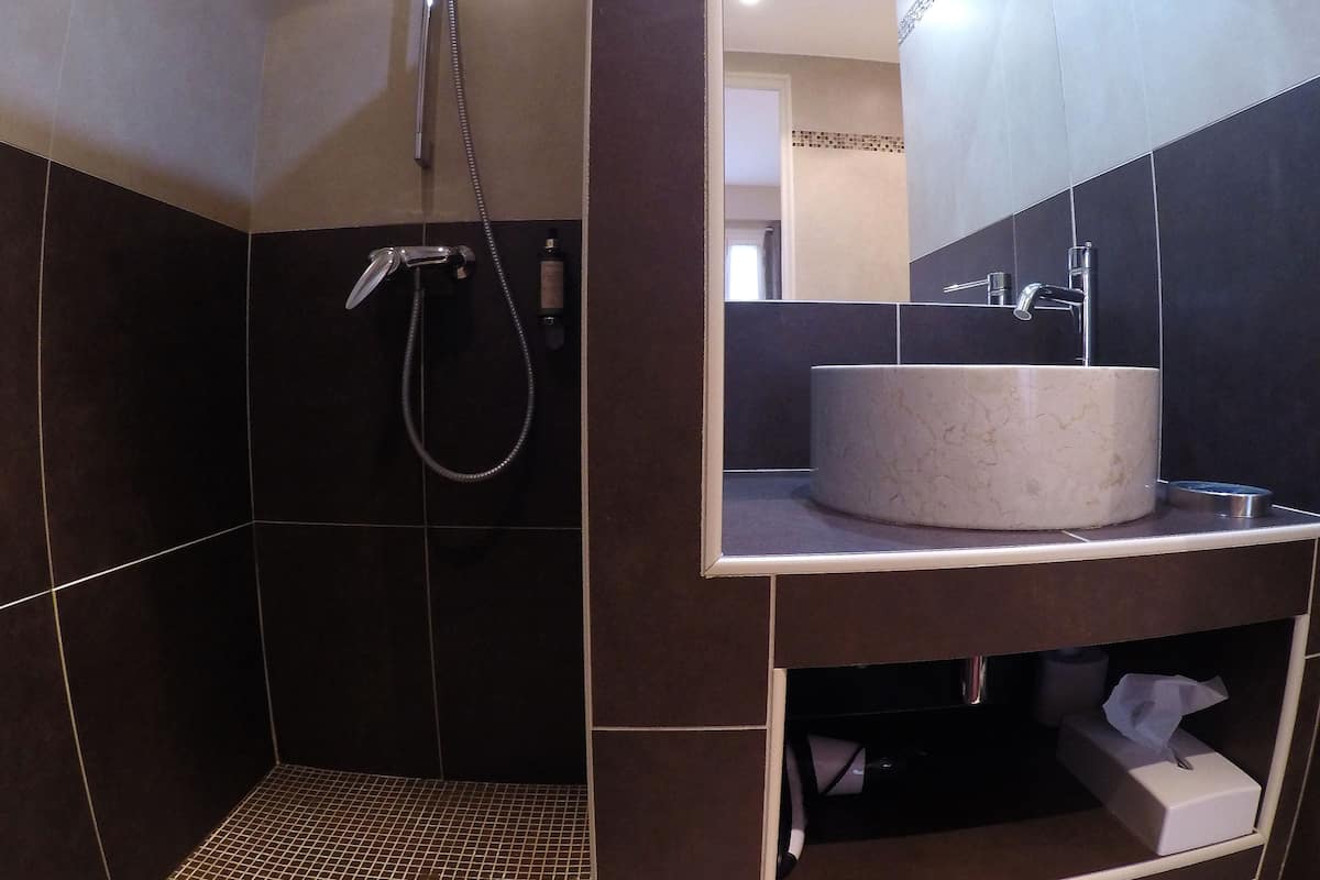 shower, free toiletries, hair dryer, towels