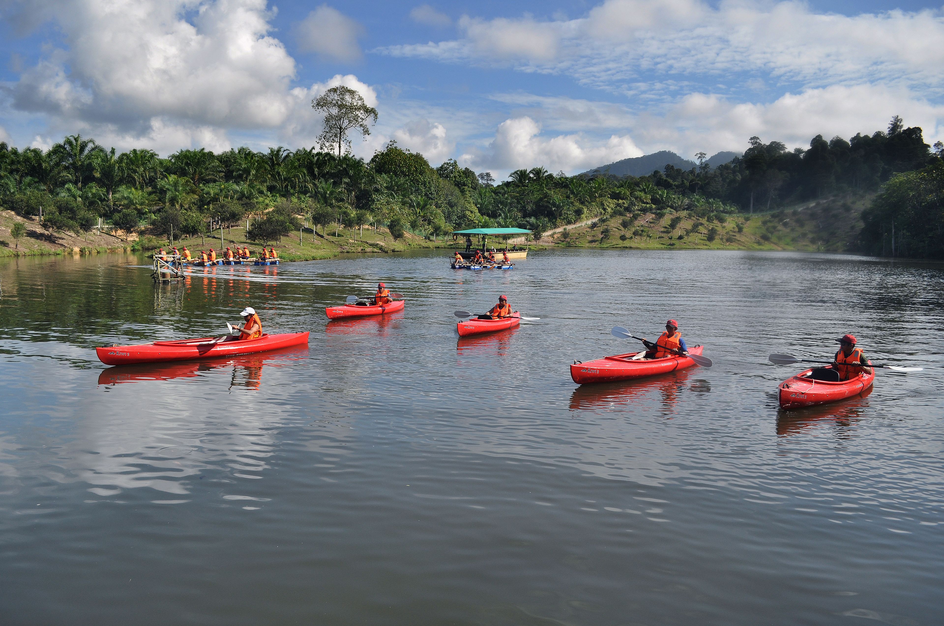 A calm lake with several red kayaks and a group of people paddling.