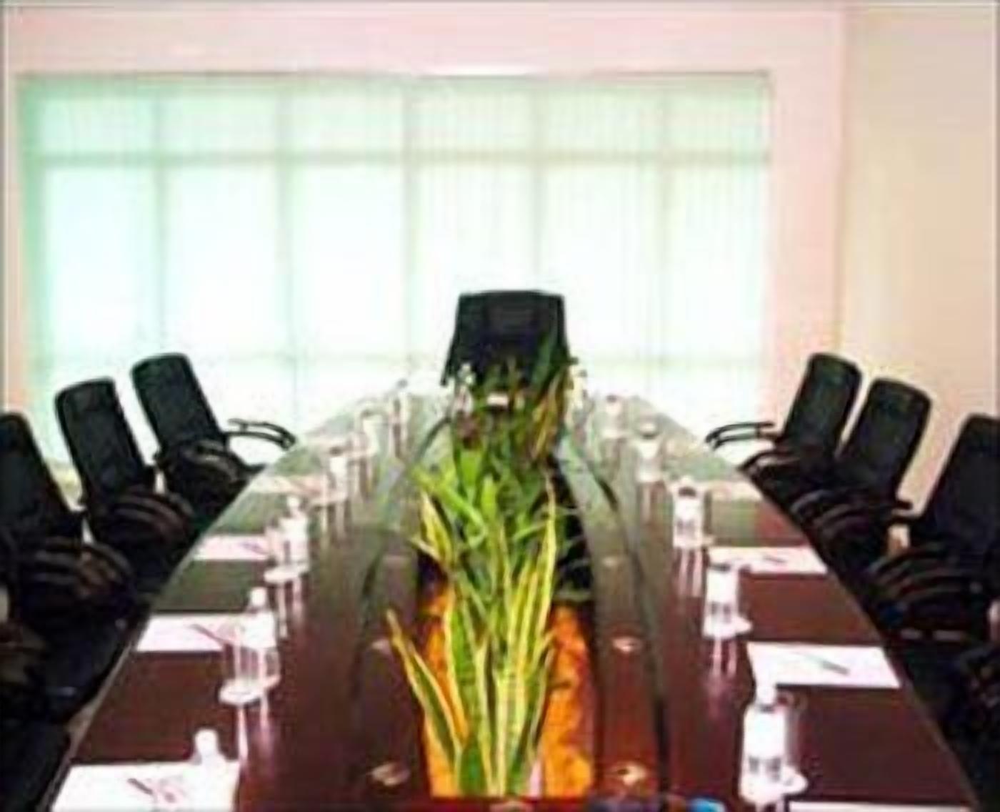 Un salón de conferencias con una larga mesa, sillas y una planta en maceta.