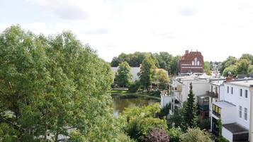 A residential area with a river, trees, and houses.