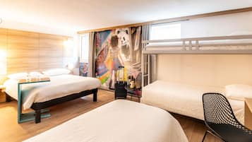 Premium bedding, desk, blackout curtains, soundproofing
